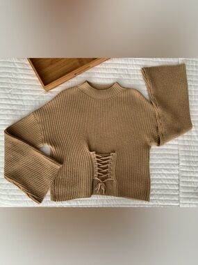 Rue 21 Sweater Women’s S Tan Camel Crop Mockneck Criss Cross Wide Bell Sleeve